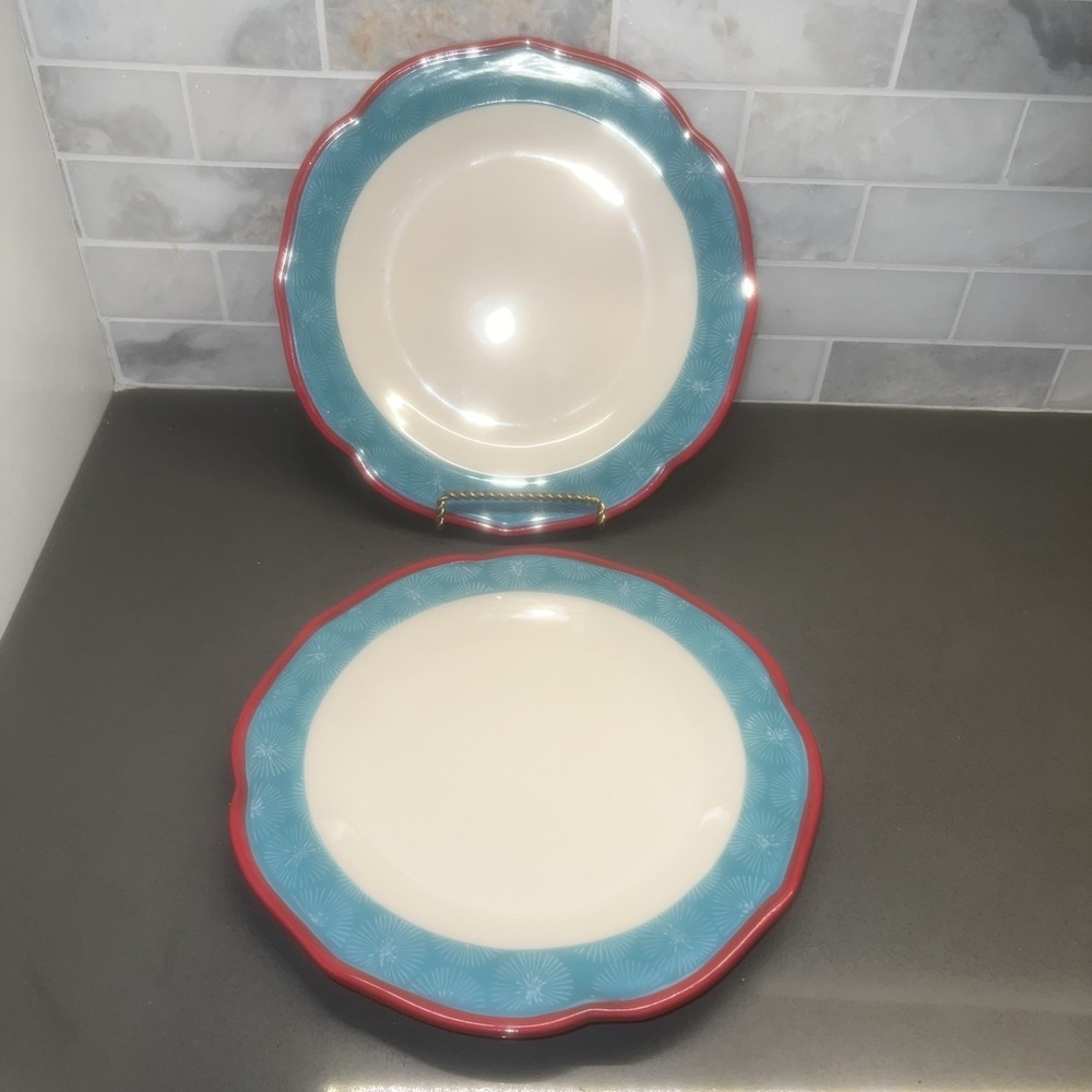 Set of Two Pioneer Woman Dinner Plate Red Scallop Rim Aqua/Teal Starburst NEW